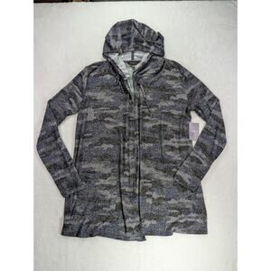 NWT Lucky Brand Camo Cardigan S Gray Blue Marled Knit Hooded Longline Sweater